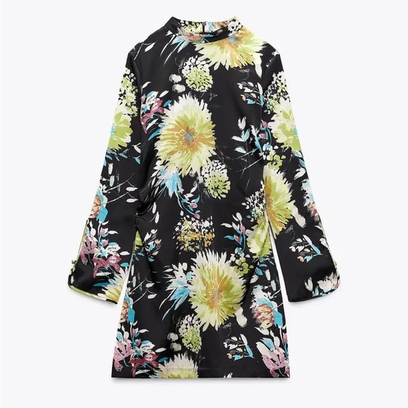 Zara Black Floral Printed Gathered Long Sleeve Mini Dress 7969/257/330 - Picture 2 of 11